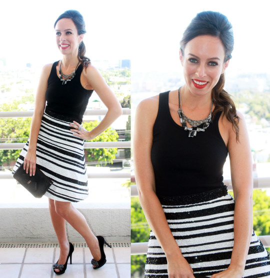 <em>Hard Tail tank, lia sophia and Forever 21 necklace, Alice + Olivia party skirt, Ted Baker bag, BCBG shoes</em>