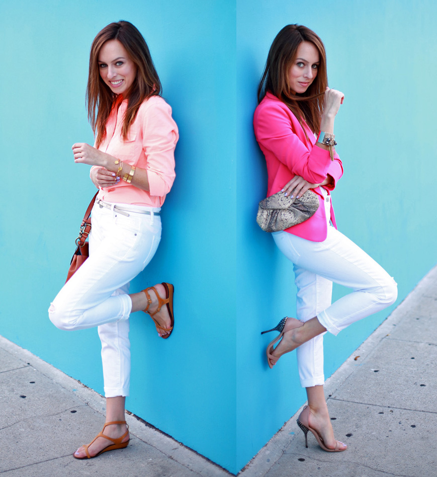 Sydne Style Old Navy how to wear white jeans boyfriend denim day to night neon