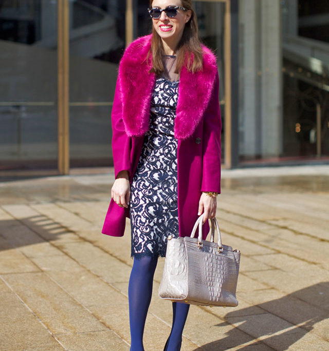 Sydne-Style-Tadashi-Shoji-lace-dress-New-York-fashion-week-street-style-lincoln-center-fuchsia-coat-pink-fur