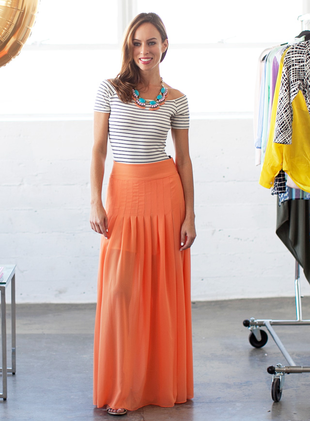 Sydne-Style-how-to-wear-the-off-the-shoulder-trend-a-to-z-trend-guide-video-tutorial-maxi-skirt-coral-striped-forever-21