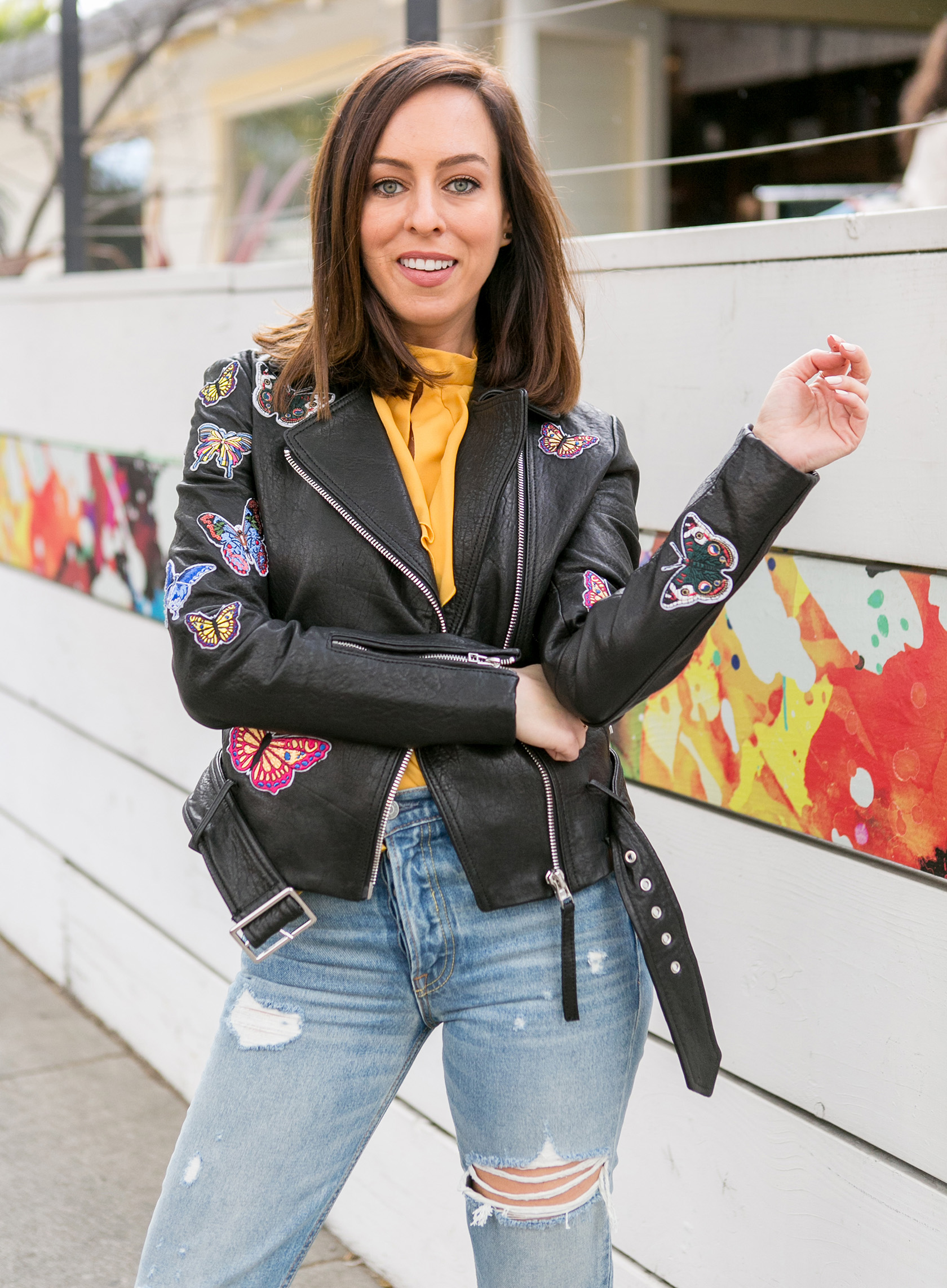 Sydne Style shows the best leather jackets in aqua embellished butterfly jacket