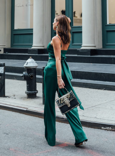 Sydne Style shows how to wear jewel tones in emerald green silk pants |  Sydne Style