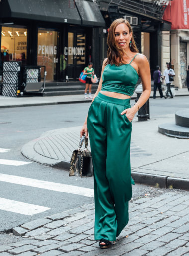 Sydne Style wears ramy brook silk crop 
