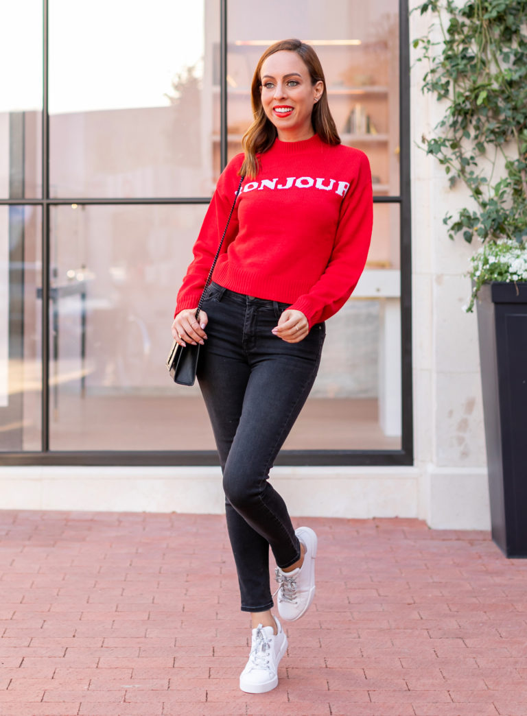 Sydne Style shows casual outfit ideas in red sweater and sanctuary