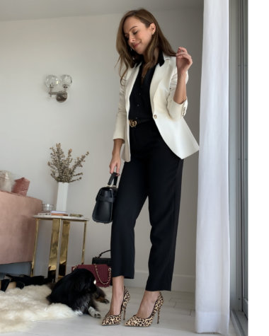 white blazer black pants women