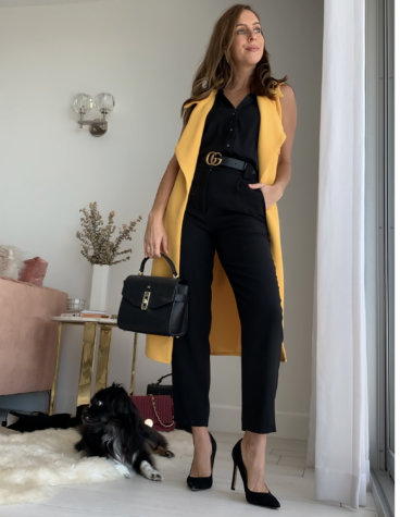 Sydne Style shows how to wear black pants with black button down and yellow  vest for office outfit ideas | Sydne Style