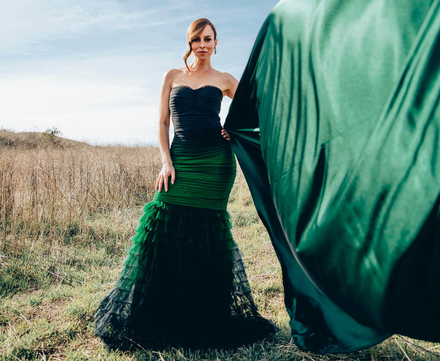 Sydne Style shows high fashion shoots in green dress with flowing