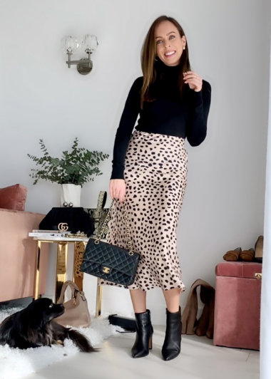 Sydne Style shows how to wear a turtleneck with leopard skirt and booties  for winter outfit ideas | Sydne Style