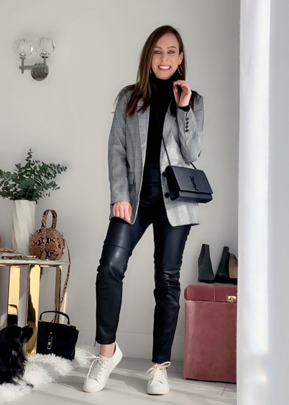 Sydne Style shows how to wear leather pants with boyfriend blazer for casual winter outfit ideas 