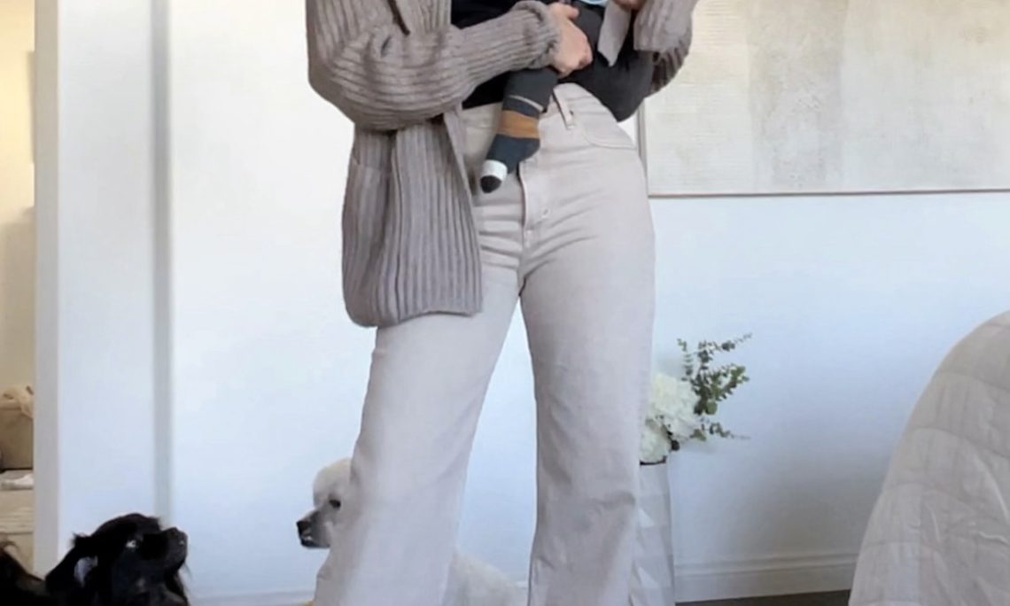 Sydne Style shows cute mommy and me outfit ideas for boy mom with matching cardigans