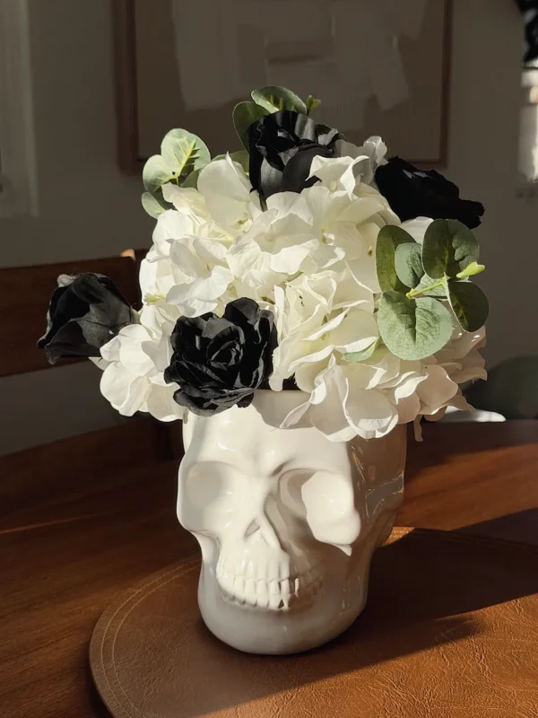 White skull vase with hand-painted black roses, Halloween centerpiece DIY
